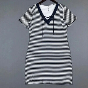 Lulu B Dress Size XS Navy Blue White Stripe V-Neck Short Sleeve Nylon Stretch